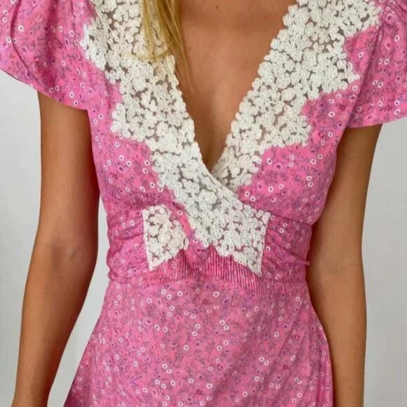 NWOT LoveShackFancy Minuet Lace Trim Midi Dress in Crushed Blueberries XS $425